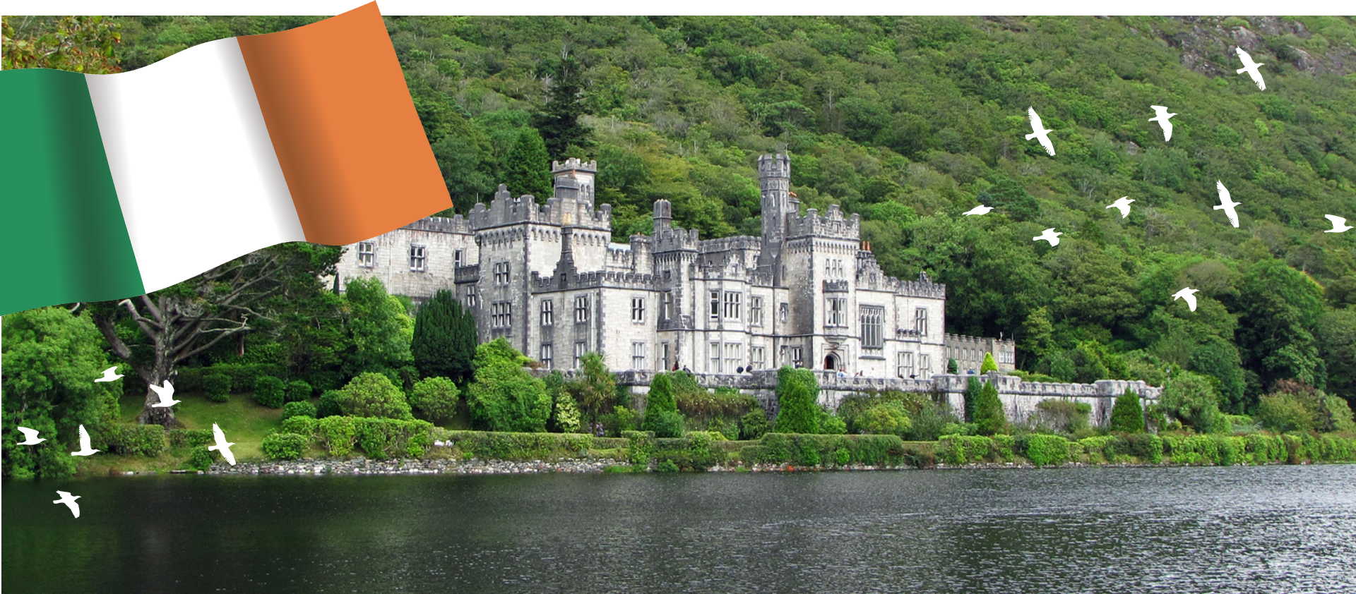 Republic of Ireland flag with castle, trees and birds near water